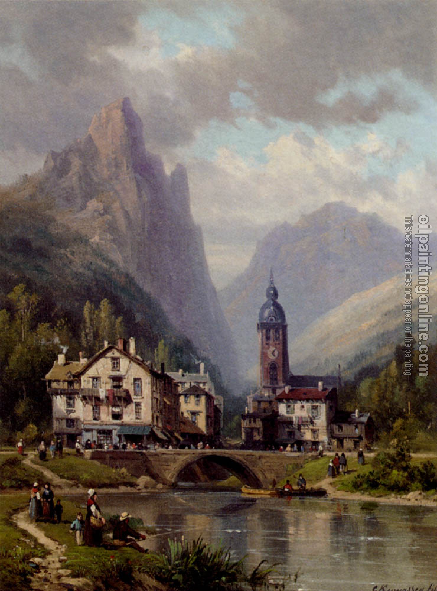 Charles Euphrasie Kuwasseg, Jr - An Agler Before An Alpine Riverside Town